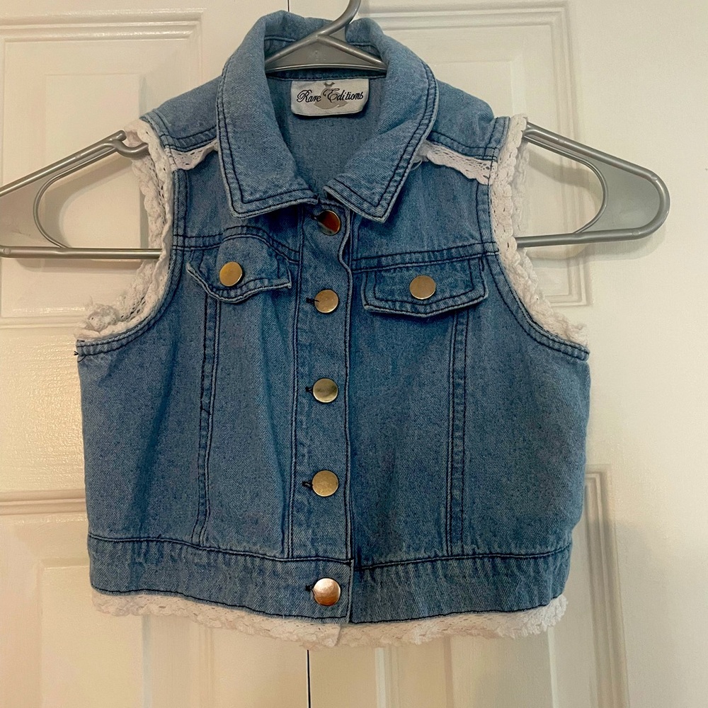 Rare Editions Girls Size 6X Denim Crochet Lace Trucker Jean Vest Button Down